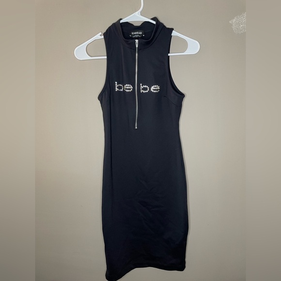 BEBE Black Rhinestone Stretch Zipper Bodycon Dress Size S - Picture 1 of 6